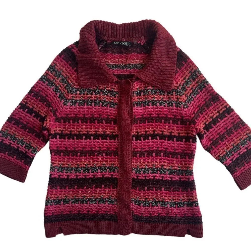 Nic + Zoe Colorful Cardigan Fall Cozy 3/4 sleeve Chunky Sweater sz M
